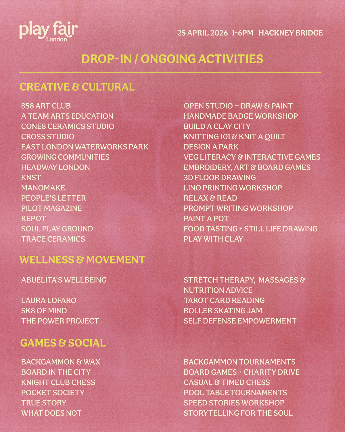 Drop in / Ongoing Activites